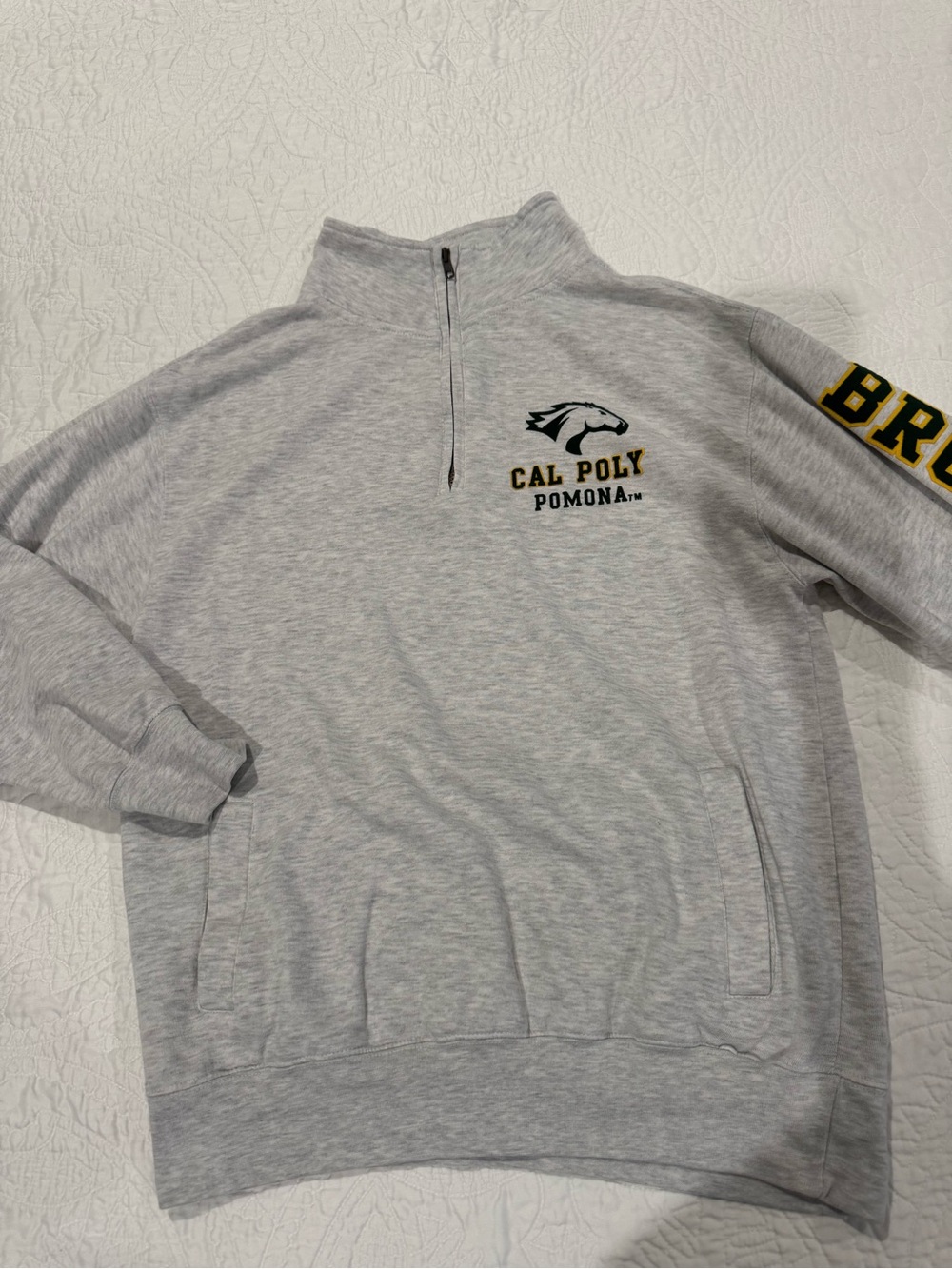 Light Gray Cal Poly Pomona Half-Zip Sweatshirt with Bronco Sleeve